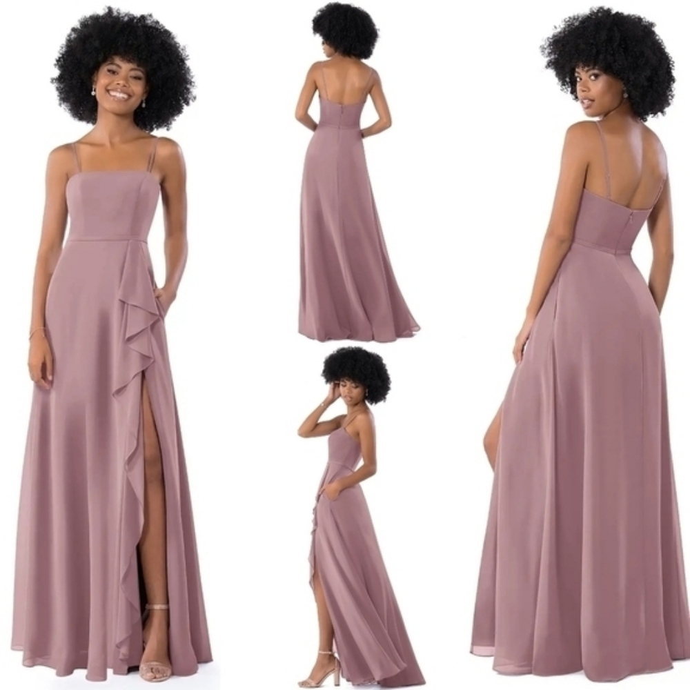 Azazie Kaylee A-Line Ruched Chiffon Floor-Length Dress Taupe Side Slit A4